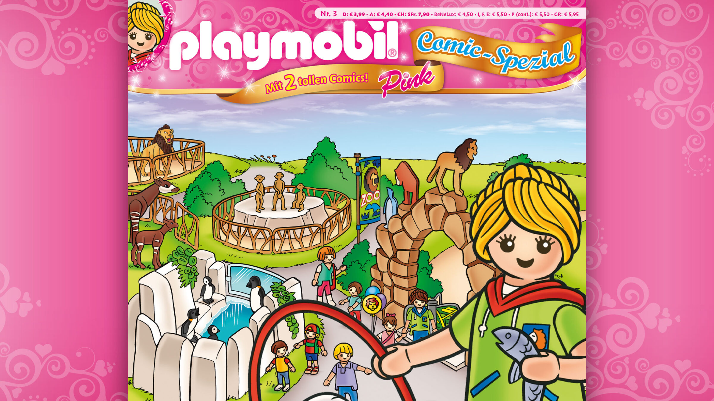 Cover des Playmobil Comic-Spezials Nr. 3 mit fröhlicher Zoo-Szene und Kindern, die Tiere beobachten