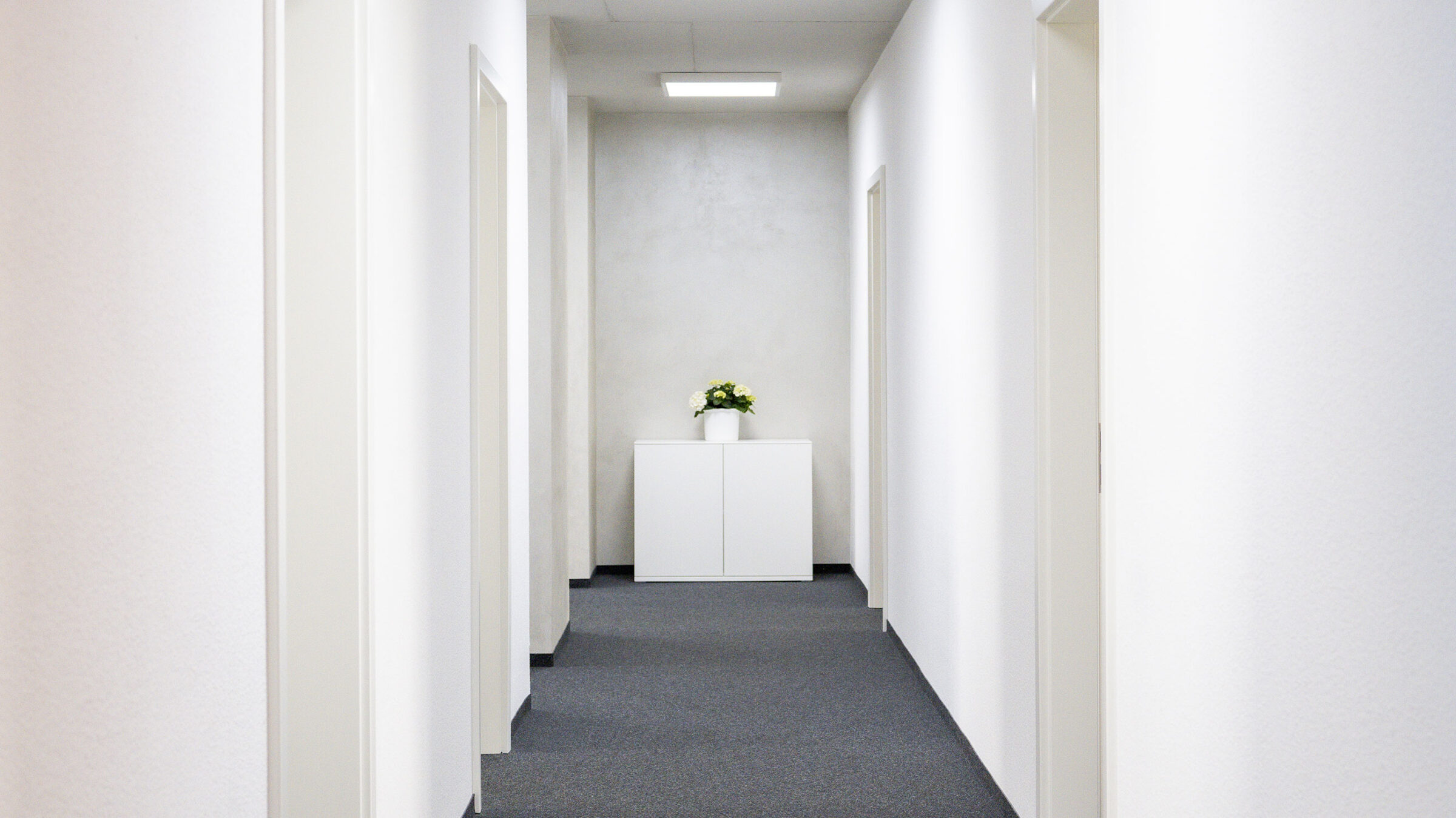 Heller, schmaler Flur mit grauem Teppichboden, weißen Wänden und mehreren Türen.