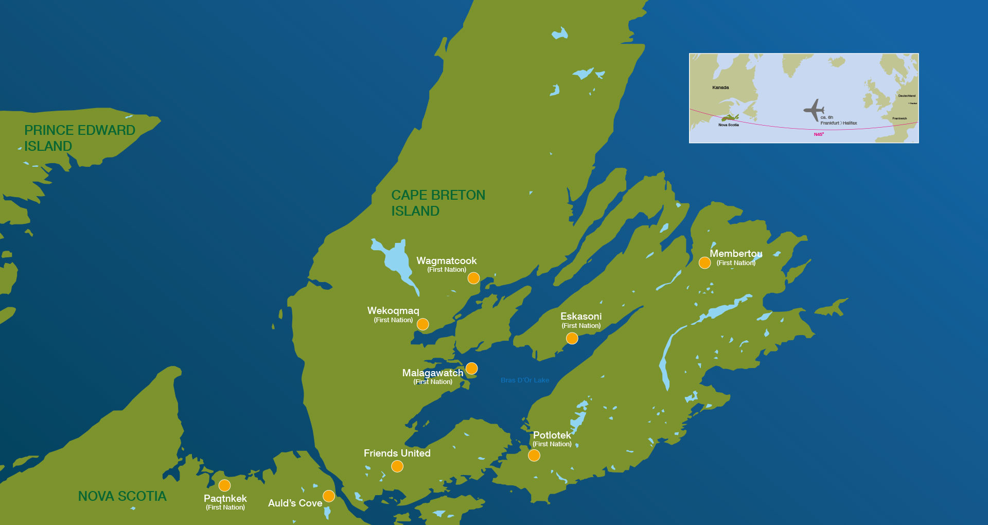 Karte von Nova Scotia und Prince Edward Island mit Markierungen von Friends United.