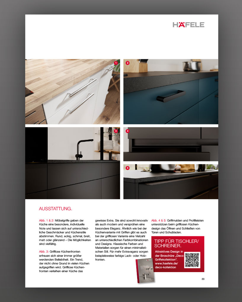 Seite aus einem Katalog von Häfele mit verschiedenen Bildern von Küchenschränken.