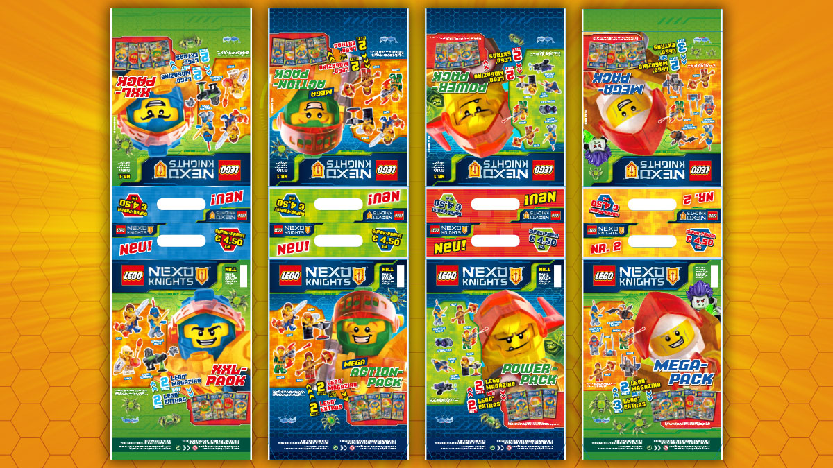 LEGO Nexo Knights Wundertüten in vier verschiedenen Varianten mit farbenfrohen Charakteren.